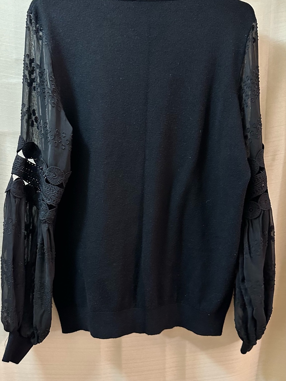 Sioni Black Sweater Top Sheer Embroidered Sleeve Crochet Trim Large - Picture 7 of 7